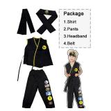 Treyrea Costume Karate Dress Up Uniform With Headband Belt Halloween Party Cosplay Outfit for Kids (S(4T-5T), black 2)