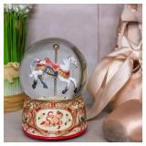 Gilded Gold Tone Cupid and Carousel Horse 100MM Musical Water Globe Plays Tune Unchained Melody