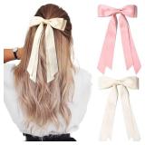 2PCS Silky Satin Hair Bows Hair Clip Beige Pink Hair Ribbon Ponytail Holder Accessories Slides Metal Clips Hair Bow for Women Girls Toddlers Teens Kids