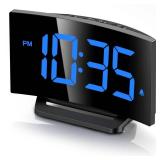 GOLOZA Digital Alarm Clock for Bedrooms, Digital Clock with Modern Curved Design, Conspicuous Blue LED Numbers, 5 Levels Brightness+Off, 2 Volume, 3 Alarm Tones, Snooze, Power-Off Memory, 12/24H