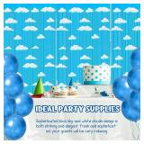 XunYee 3 Pack Blue Sky White Clouds Birthday Party Supplies, Clouds Theme Tinsel Foil Fringe Curtains Toy Party Supplies, Cartoon Story Backdrop for Baby Shower Birthday Party Decorations Retail $12.4