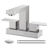 Bathroom Sink Faucet, Hurran 4 inch Brushed Nickel Bathroom Faucets for Sink 3 Hole with Pop-up Drain and Supply Lines, Stainless Steel 2-Handle Lead-Free Faucet for Bathroom Sink Vanity RV Restroom