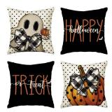 AVOIN colorlife Happy Halloween Cute Ghost Trick or Treat Throw Pillow Covers, 18 x 18 Inch Polka Dot Pumpkin Bat Cushion Case for Sofa Couch Set of 4, Black