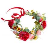 LLinfflr Women Floral Crown Rose Floral Headband Hair Wreath Flower Headpiece Halo Boho Party Prom Wedding Photos Red