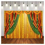 Lofaris India Pooja Backdrop Puja Ganpati Photography Traditional Banana Leaf Green Chatiya Ganesh Mehndi Festival Background Decorations Wedding Party Marigold Garlands Photo Props 7x5ft