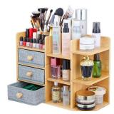 Makeup Organizer Countertop, Cosmetic Skincare Organizers With 3 Makeup Brush Holders/3 Drawers/7 Storage Shelves, Elegant Bamboo Make Up Storage Organizers Holder For Counter Vanity Dresser Bathroom