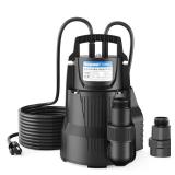 Acquaer 1/2 HP Automatic Sump Pump, 2450 GPH Submersible Water Pump with 3/4 Garden Hose Check Valve Adapter and 19ft Cord, Thermoplastic Utility Transfer Pump for Flooded Basement Pools Tub Draining 