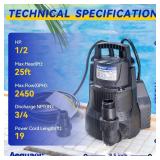 Acquaer 1/2 HP Automatic Sump Pump, 2450 GPH Submersible Water Pump with 3/4 Garden Hose Check Valve Adapter and 19ft Cord, Thermoplastic Utility Transfer Pump for Flooded Basement Pools Tub Draining 