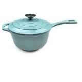 HAWOK Enameled Cast Iron Saucepan, 2QT Saucepan with Lid and Long Handle, Green