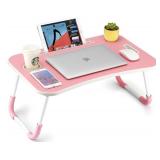 Foldable Laptop Table, Portable Lap Desk Bed Table Tray, Laptop Stand with Cup Holder & Tablet Slot & Lifting Handle for Working Writing Drawing & Eating (Pink)