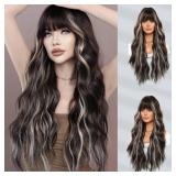 JHH 7 WIGS Long Natural Black Wig with Bangs 27.5in Natural Heat Resistant Fiber Synthetic Curly Beige White Highlight Wigs for Women Girls Daily Party Holiday Festival Chrismas Travel Used