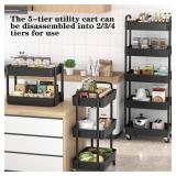 Sywhitta 5-Tier Plastic Rolling Utility Cart with Handle, Multi-Functional Storage Trolley for Office, Living Room, Kitchen, Movable Storage Organizer with Wheels, Black