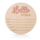 Newborn Announcement Sign, 5.9in Wooden Hello World Sign Baby Welcome Sign Birth Baby Name Plaques for Newborn Boys and Girls Photo Props Baby Shower Hospital Nursery (Light Pink)