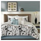 Madison Park 7pcs Queen Comforter Set with Dcor Pillow Floral Bedding Printed with Botanical Flocking White/Blue