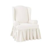 Essential Twill Ruffle Wing Chair Slipcover White - Sure Fit: Cotton, T-Cushion Compatible, Indoor Use