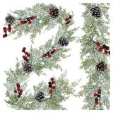 Winly 2 Pcs Artificial Snowy Cedar Garland with Pine Cones and Red Berries Christmas Greenery Garland 6 Ft Christmas Wedding Winter Holiday Party Table Runner Mantle Seasonal Centerpiece Decoration