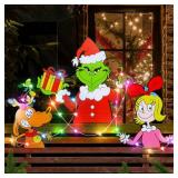 3pcs Grinchmas Fence Peeker with LED String Lights for Outdoor Indoor Door Room Xmas Tree Outside Yard Garden Lawn Porch Wall Window Christmas Decorations Themed Party Supplies