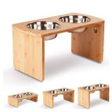 Elevated Dog Bowls, Bamboo Raised Dog Bowl for Large Dogs & Medium Dogs, with 2 Stainless Steel Bowls (10