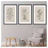 Set Of 3 Vintage Antique Garden Wildflowers Wall Art Decor 16x11 Inch Rustic Wood Framed Family Living Room Floral Sign Modern Nature Flower Home Pictures Botanical Wall Hanging (Black)