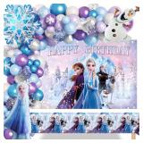 Frozen Birthday Party Supplies, Frozen Party Decorations Includes Snowflake Balloon Garland Arch Kit,Frozen Backdrop, Frozen Tablecloth, Elsa, Snowman and Snowflake Foil Balloon