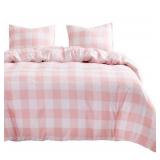 Wake In Cloud - Gingham Comforter Set, Plaid Buffalo Check Checkered Cottagecore Cute Geometric, Soft Lightweight Bedding, 3 Pieces, Pink, Full Size