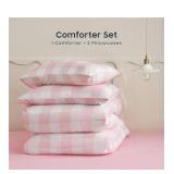 Wake In Cloud - Gingham Comforter Set, Plaid Buffalo Check Checkered Cottagecore Cute Geometric, Soft Lightweight Bedding, 3 Pieces, Pink, Full Size