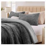 Fluffy King Comforter Set - Luxury Fuzzy Brushed Plaid Pattern Bedding Comforter Sets, Fluffy Velvet Comfort Set Grey, 3 Pieces, Soft Winter Comforter King