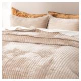 EVERGRACE Velvet Quilt Set King Size, Luxurious Soft Striped Channel Bedding Set, Lightweight Velvet Comforter for All Season, Oversized Bedspread Coverlet with 2 Matching Shams, Beige Taupe *Retail $