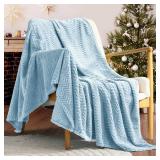 Exclusivo Mezcla Light Blue Fleece Throw Blanket for Couch Bed, Super Soft Cozy Blankets with Decorative Wave Textured, Lightweight Plush Blanket All Season Use, 50x70 Inches Retail $21.99