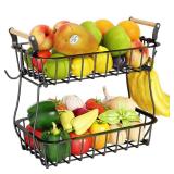 ANTOPY 2 Tier Fruit Basket with 2 Banana Hangers, Countertop Fruit Vegetable Basket Bowl for Kitchen Counter Metal Wire Storage Basket Fruits Stand Holder Organizer for Bread Snack Veggies Produce Ret