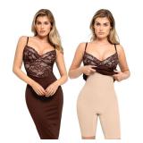 Popilush Lace Midi Dress Shapewear Dresses for Women V-Neck Slip Adjustable Straps Bodycon Slip with Underwire Brown Retail $60.55