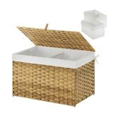 GREENSTELL Storage Basket with Lid, 65L Small Wicker Basket with Lid, Handwoven Blanket Storage Basket with Handles, Removable Cotton Liner, Metal Frame, Foldable for Bedroom, Laundry Room, Natural