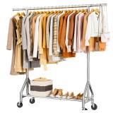 HYSEYY Heavy Duty Clothes Rack Load 450 LBS, Metal Garment Rack, Standing Rolling Clothing Rack for Hanging Clothes with Sturdy Wheels & Shelves, Portable Closet Wardrobe Rack,Sliver