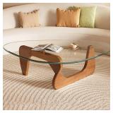 Small Glass Coffee Table, Mid Century Modern Coffee Table, Center Table for Living Room, Wood Minimalist Coffee Table with Wood Base, Funky Contemporary Coffee Table, (Walnut Transparent, 31.5in)