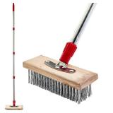 60" Deck Scrub Brush Wire Brush with Long Handle, Stainless Steel Outdoor Broom Mental Floor Scrubber for Cleaning Moss, Tough Stains on Concrete, Grout, Garden, Garage, Patio