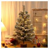 Gloreyan 2FT Artificial Christmas Tree with Lights Lighted Green Tabletop Christmas Tree Light Up Battery Operated Snow Flocked Mini Xmas Pine Tree for Party Supplies Holiday Home Decoration