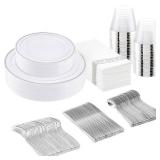 175Pcs Silver Plastic Dinnerware Set, Plastic Plates Disposable for 25 Guests Include:25 Silver Rim Dinner Plates, 25 Silver Dessert Plates, 25 Paper Napkins, 25 Cups, 25 Silver Plastic Silverware Set