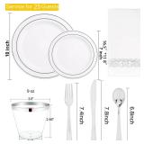 175Pcs Silver Plastic Dinnerware Set, Plastic Plates Disposable for 25 Guests Include:25 Silver Rim Dinner Plates, 25 Silver Dessert Plates, 25 Paper Napkins, 25 Cups, 25 Silver Plastic Silverware Set