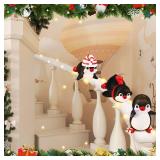 Liliful Set of 3 Penguin Stairway Holiday Decoration Resin Penguin Decor Sliding Winter Penguins in Snow Carpet with LED Lights and 20 Ribbons for Christmas Handrail Decoration Banister Stairway Gift