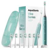 Aquasonic Vibe Series Ultra-Whitening Toothbrush ADA Accepted Power Toothbrush - 8 Brush Heads & Travel Case 40,000 VPM Motor & Wireless Charging - 4 Modes w Smart Timer Mint Green Met