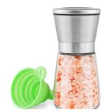 Manual Salt or Pepper Grinder for Professional Chef, Best Spice Mill with Stainless Steel Cap, Ceramic Blades and Adjustable Coarseness, Refillable Glass Body with 6OZ Capacity