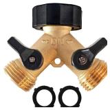 Hourleey Brass Garden Hose Splitter 2 Way, 3/4 Inch Hose Connector Tap Splitter, Hose Y Splitter, Hose Spigot Adapter 2 Valves with Extra Rubber Washers (1)