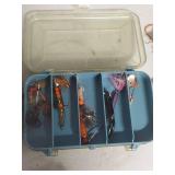 Tackle Box with Contents including Garcia Abu-matic 170 Reel - Box is missing rivets for top trays