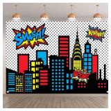 Yriujul 7x5ft Superhero Cityscape Photography Backdrop Skyline Buildings City Boom Background Kids Birthday Banner Party Baby Shower Decorations Photo Props