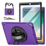 Case for iPad Pro 12.9 2nd Generation 2017 & 2015 1st Generation, Heavy Duty Rugged Shockproof Protective Cover w/ 360° Rotatable Stand + Handle Hand & Shoulder Strap + Pencil Holder-Purple