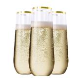 SUT 24 Pieces Stemless Plastic Champagne Flutes, 9oz Gold Rim Plastic Champagne Glasses, Clear Plastic Toasting Glasses, Unbreakable, Shatterproof Cocktail Cups for party/wedding