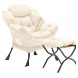 $136 Lazy Chair & Ottoman, Velvet, Metal Frame, Beige, Dorm/Office.