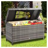 YITAHOME 200 Gallon Large Wicker Deck Box w/Storage Net, Rattan XL Outdoor Storage Box Patio Cushion Storage, Waterproof Storage Box for Patio Furniture, Garden Tools, Pool Sports Equipment (Grey) - R