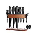 Kitchen Knife Set with Block 15 pcs, Kitchen Knife Block Set with Wood Acrylic Stand, Sharp Knife Set with Sharpener, Scissors, and Peeler, Black Cooking Knives Set for Kitchen Cutting