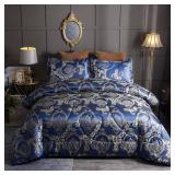 Comforter Set Satin Silk Blanket Royal Blue Jacquard 2 Pillow Shams (Full/Queen, 88x88 inches, 3 Pieces) Retail $58.32